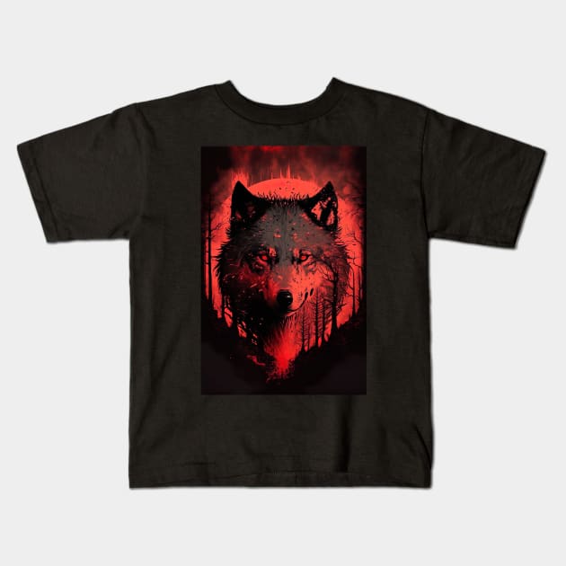 Cool Wolf portrait with red glow Kids T-Shirt by KoolArtDistrict